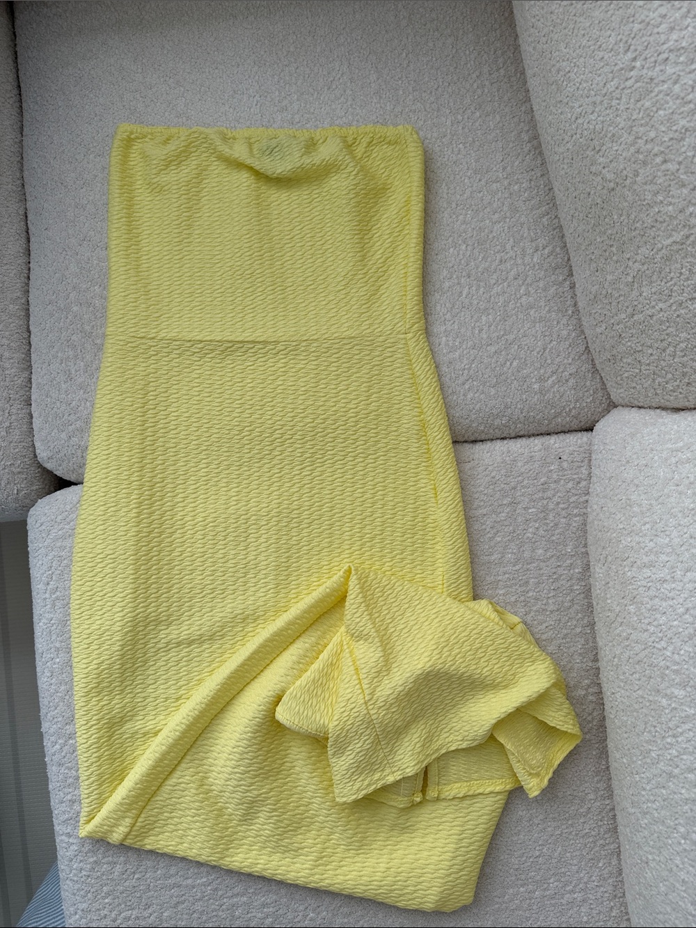 PrettyLittleThing Yellow Strapless Textured Sheath Dress